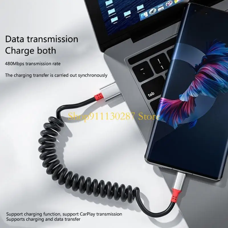 J1HC 66W 5A Tipo carga rápida C Cable U USB CAR Spring USB C Línea transferencia datos cable Collied para accesorios - imagen 5