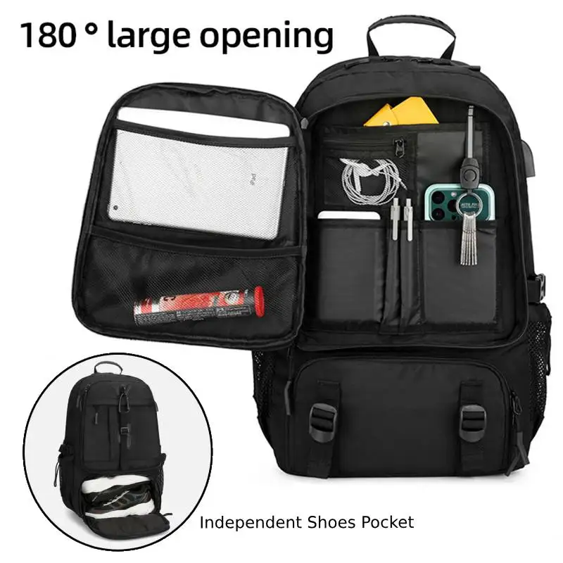 Bolsa de gimnasio para hombre, bolsas deportivas USB expandibles con paquete de zapatos para acampar al aire libre, senderismo, mochila grande para ordenador portátil - imagen 4