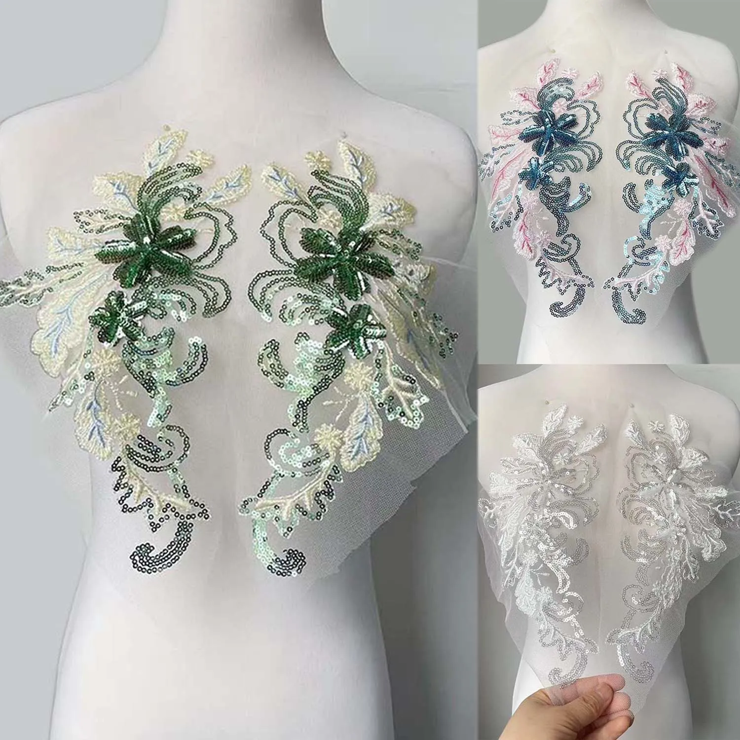 1 par, 29*15,5 CM 3d flor bordado de lentejuelas ropa apliques de encaje coser en parches, corpiño apliques de cuentas suministros de costura - imagen 2