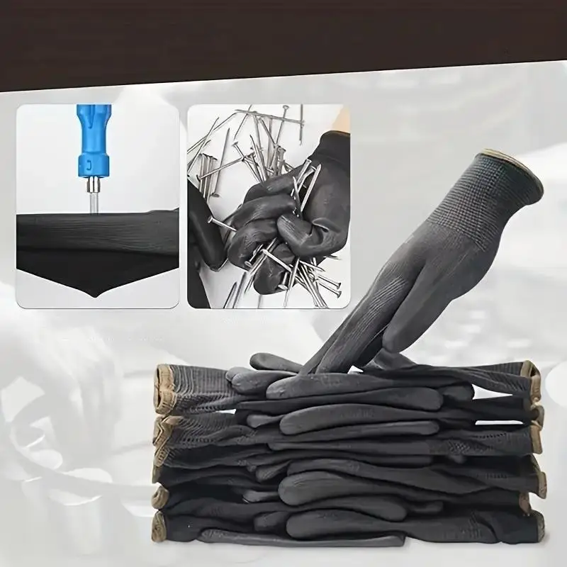 12 pares de guantes negros/grises/horticultura, guantes de trabajo de seguridad, guantes de reparación, guantes recubiertos de palma, suministros para reparadores de carpintero - imagen 4
