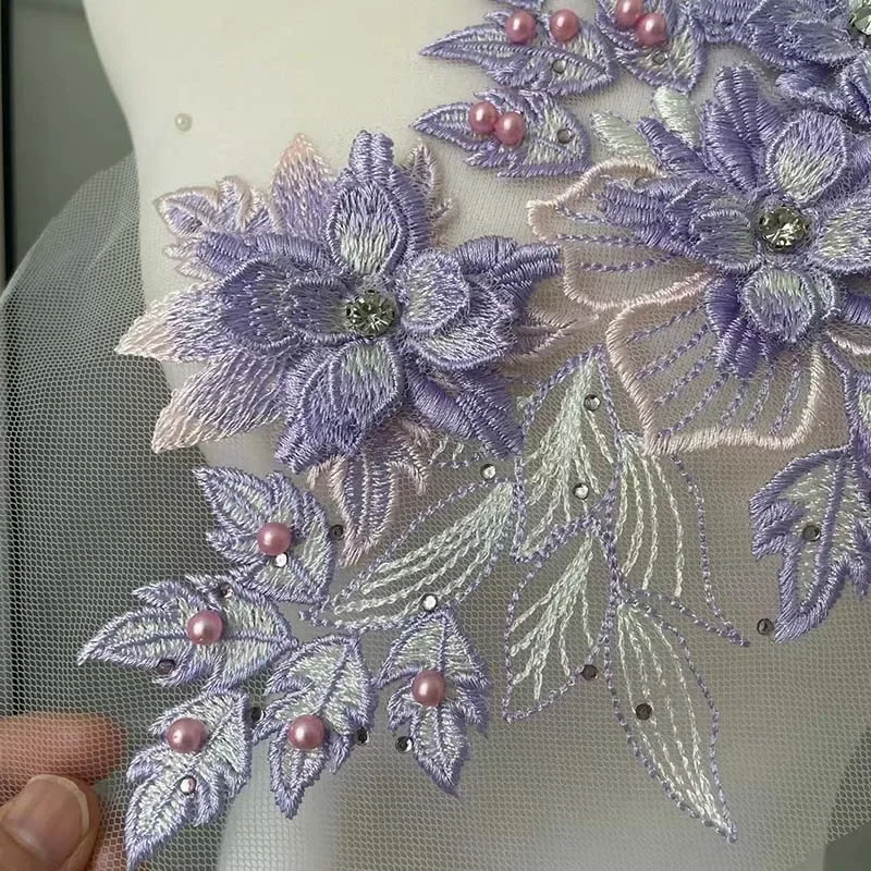 30*21 CM/3d flor con cuentas de cristal bordado de diamantes de imitación coser en parches, apliques de corpiño de encaje de tela suministros de costura DIY para vestido - imagen 4