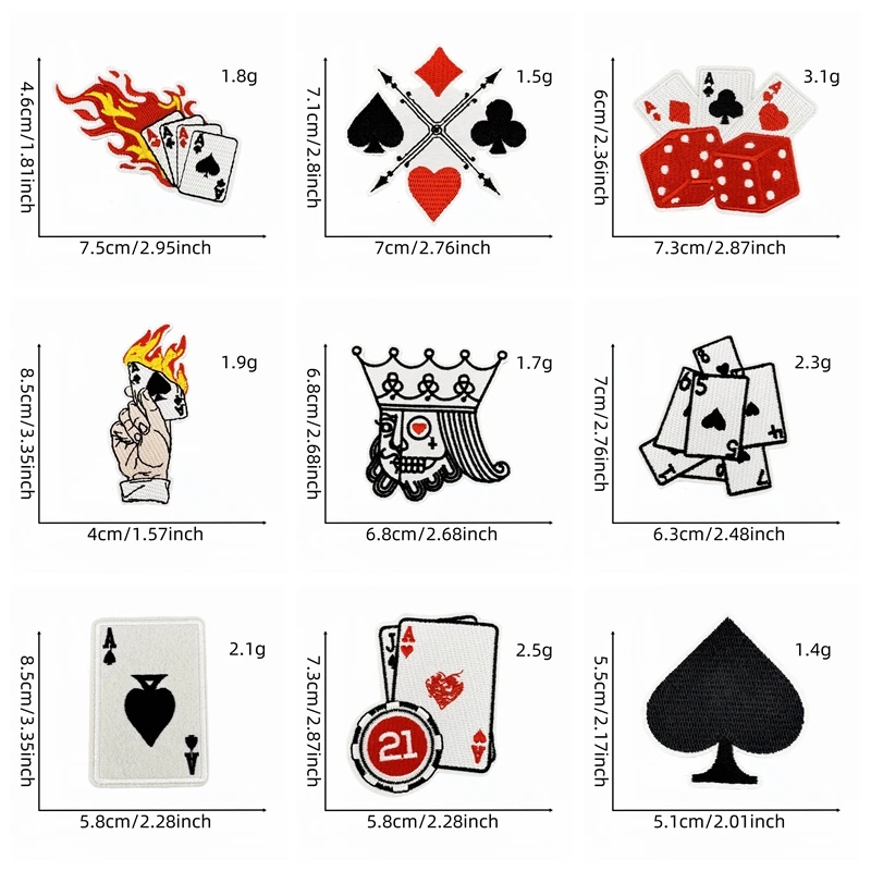 10 unids/lote, venta al por mayor, parches de póker con llamas, sombreros, chaquetas, mochilas, parches bordados, parches para planchar DIY para ropa, insignias de costura - imagen 3