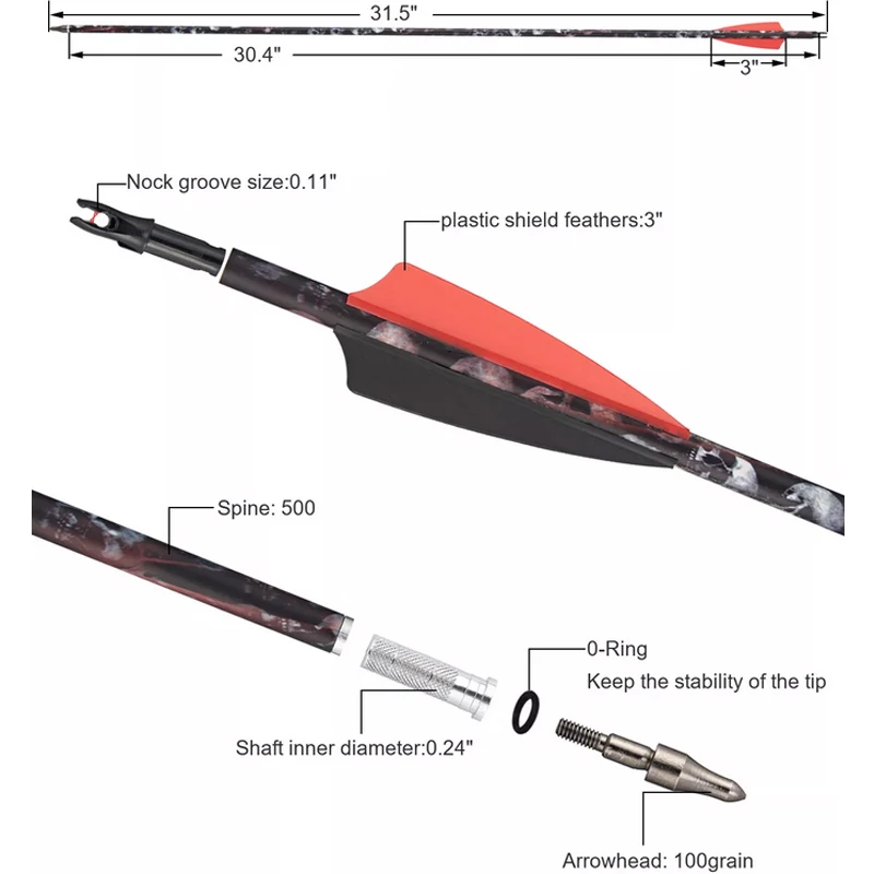 TOPARCHERY 6 uds 12 24 31 pulgadas flechas de carbono de camuflaje columna vertebral 500 para arco recurvo compuesto flechas de caza de arco largo - imagen 5