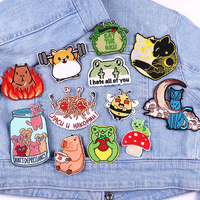 Parche bordado de animales de dibujos animados, Gato/Rana, chaquetas, costura DIY, parches termoadhesivos para ropa - imagen 5