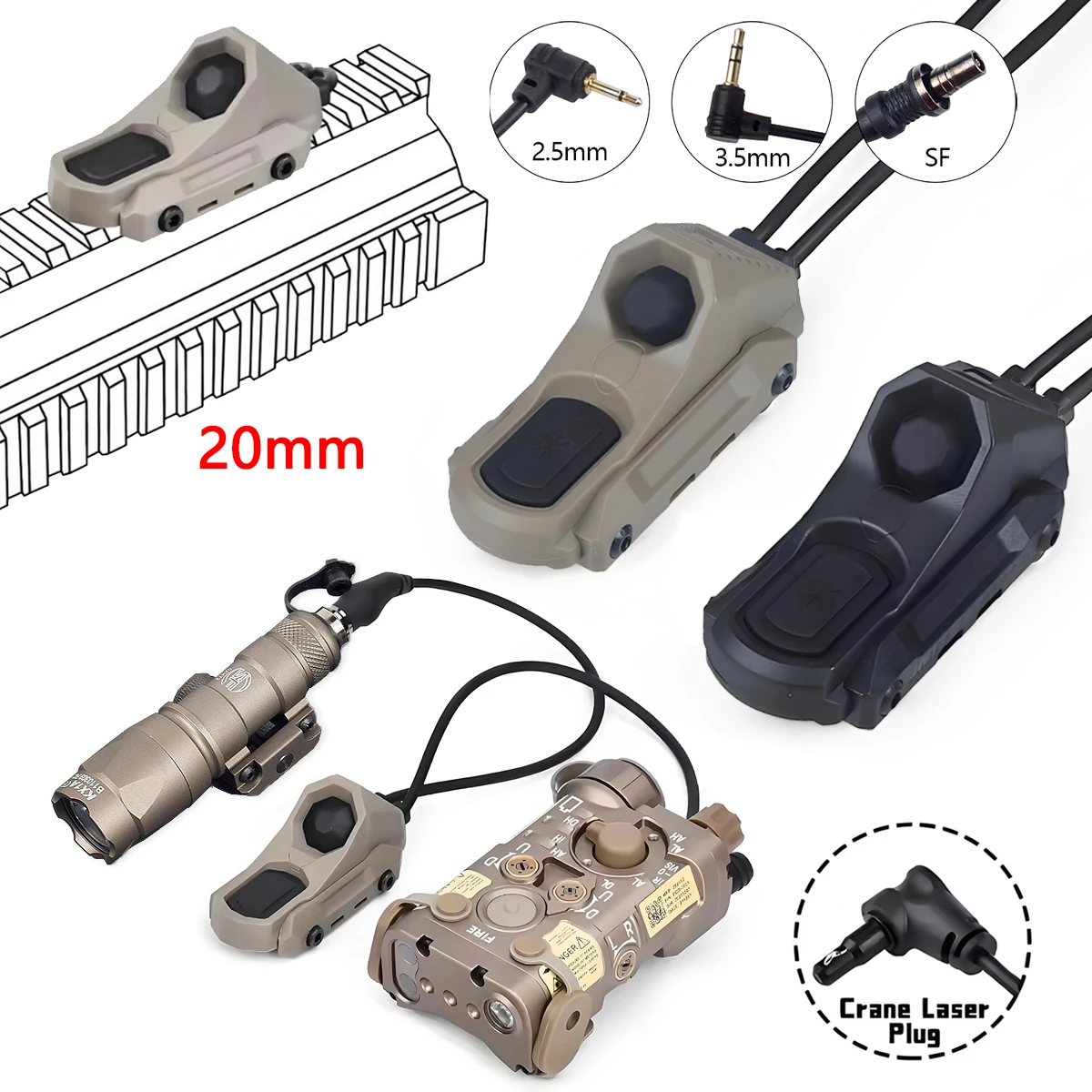 Interruptor remoto de presión de doble función, enchufe trasero SF/2, 5/3,5/CRANE para riel Picatinny de 20mm Surefire M300 M600 PEQ-15 DBAL-A2
