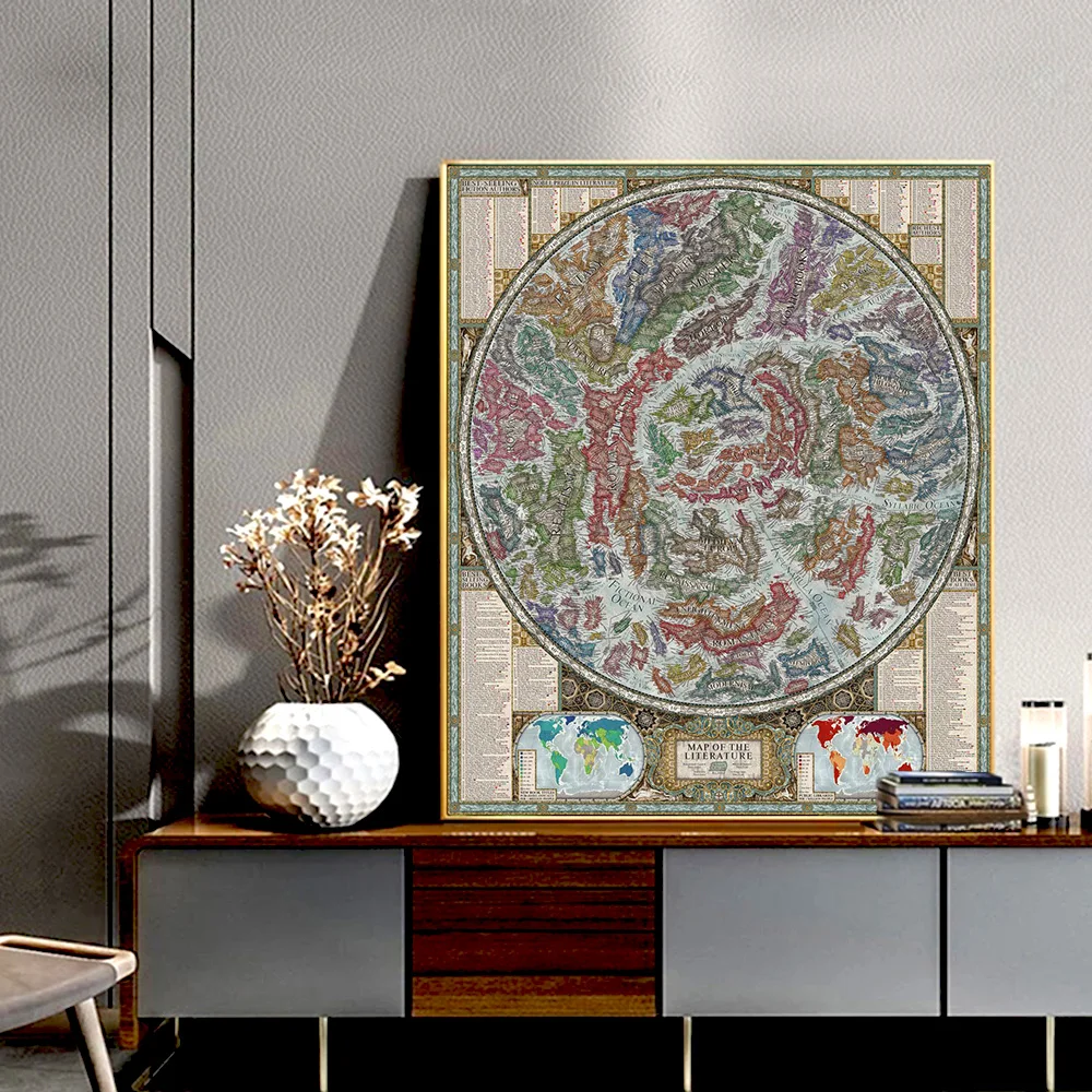 Pósteres de mapa de literatura mundial de estilo Vintage, mapa de literatura educativa romántica y ciencia ficción, pintura en lienzo, biblioteca de diciembre