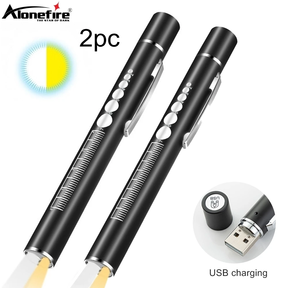 2 uds/2 en 1 LED blanco/amarillo Mini linterna con luz USB recargable médicos pupila de ojos comprobar trabajo viaje lámpara de emergencia antorcha