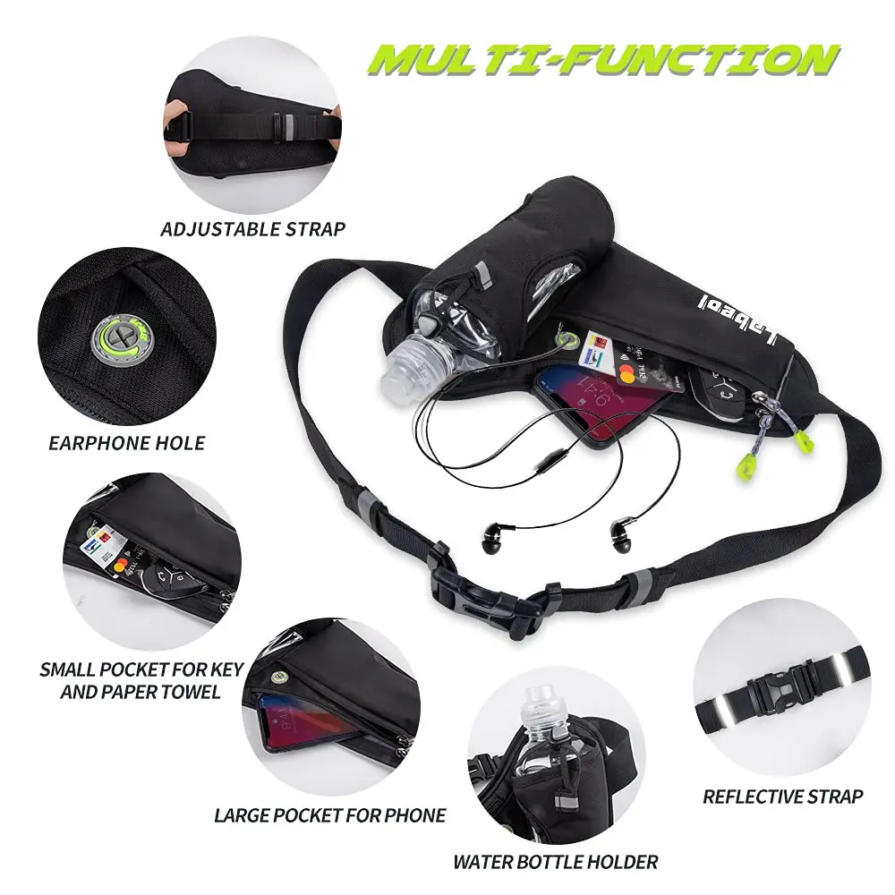 Riñonera Cinturón de hidratación impermeable con portabotellas, riñonera ajustable para correr, senderismo, caminar, andar en bicicleta, negro - imagen 4
