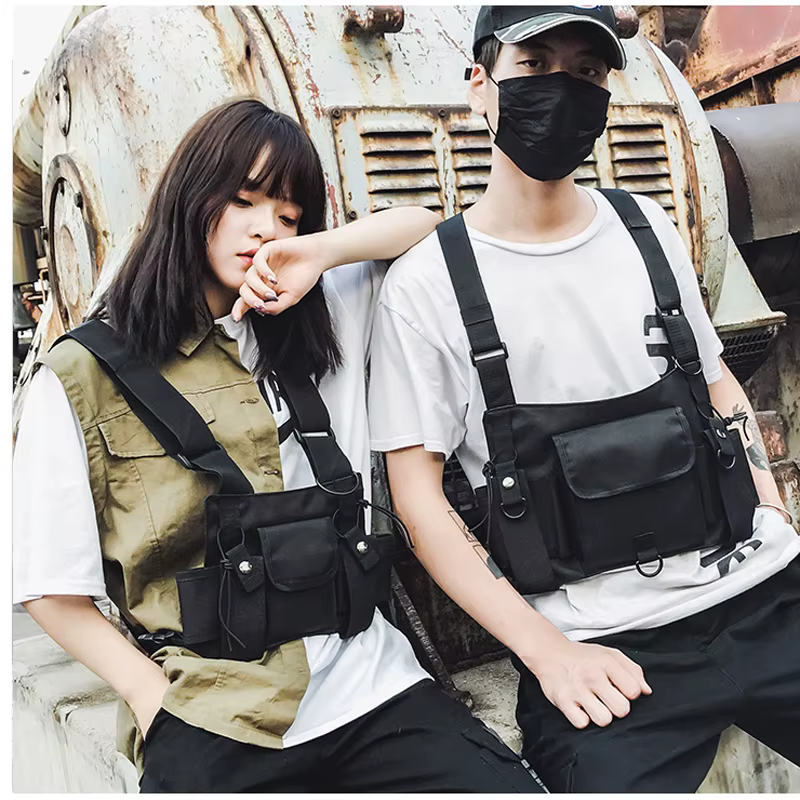 Bolsa de pecho táctica MOLLE negra – Riñonera militar ajustable mujer - imagen 5
