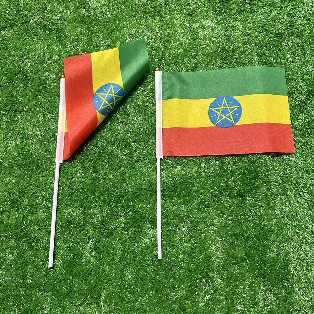 Bandera de esquí, bandera de mano de Etiopía, 10/20/50/100 Uds., 21x14cm, banderas onduladas a mano de Etiopía con poste de plástico para actividades deportivas, decoración del hogar - imagen 4