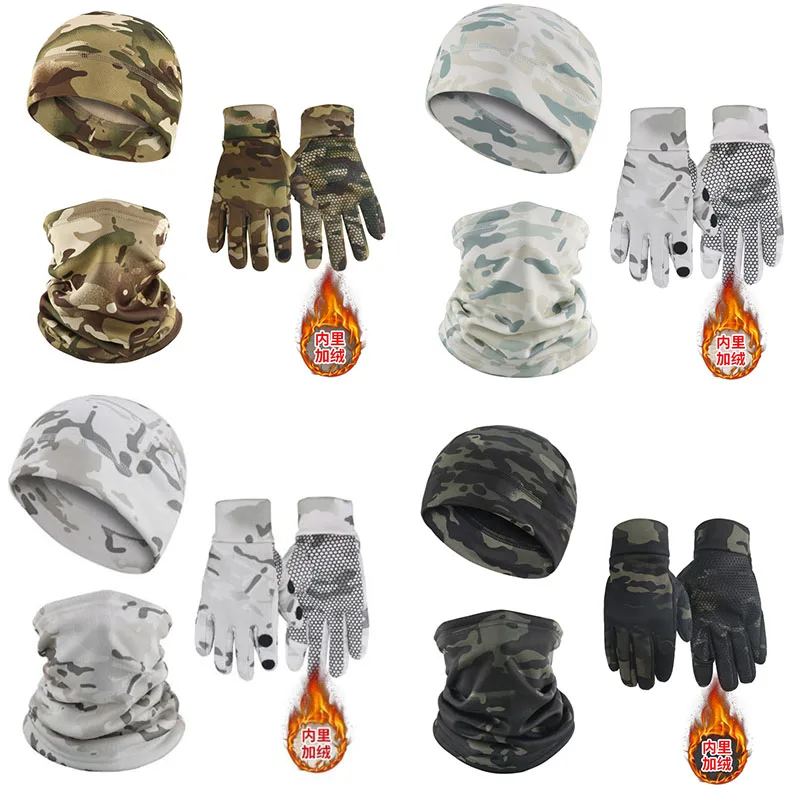 MCAP blanco nieve camuflaje esquí táctico a prueba de frío capucha cálida mascarilla cuello bufanda, gorra, guantes