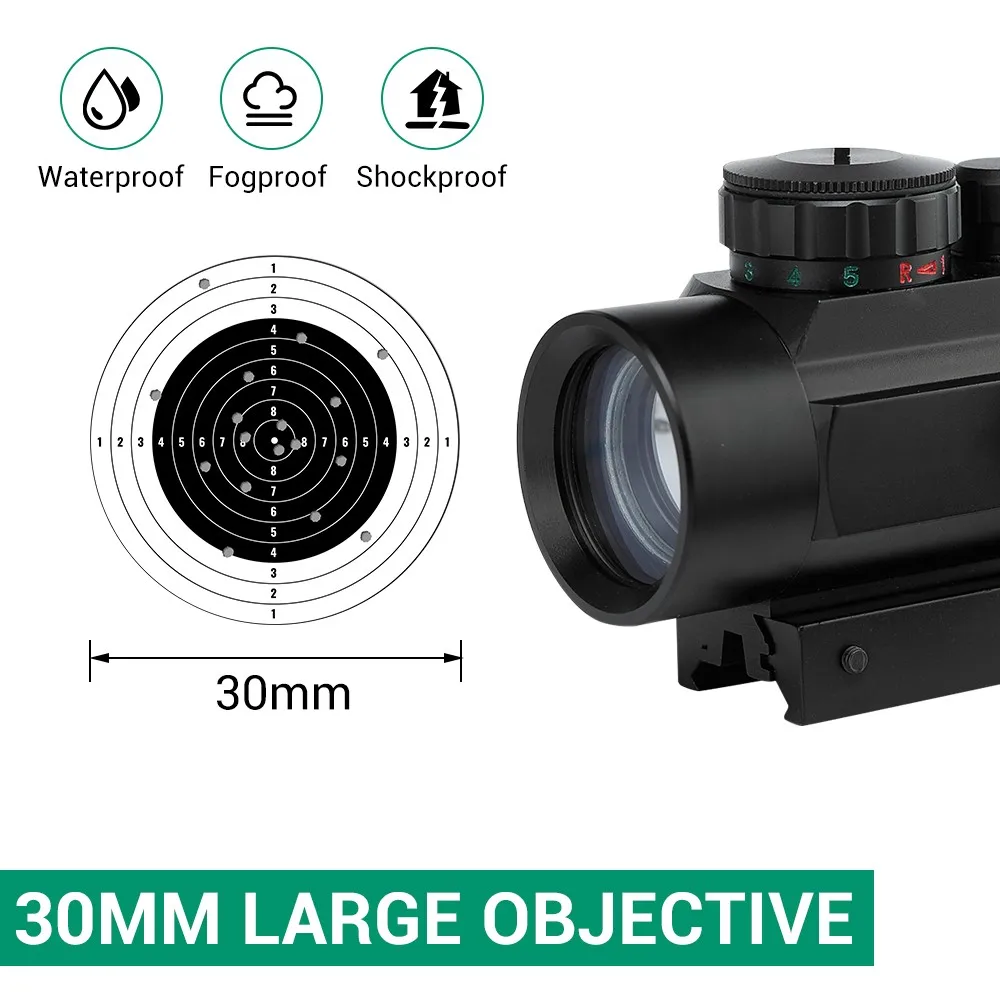 Mira telescópica de punto rojo y verde para Rifle, mira para ballesta, óptica de caza, punto de mira, colimador montado en riel de 20mm, 1x30mm - imagen 3