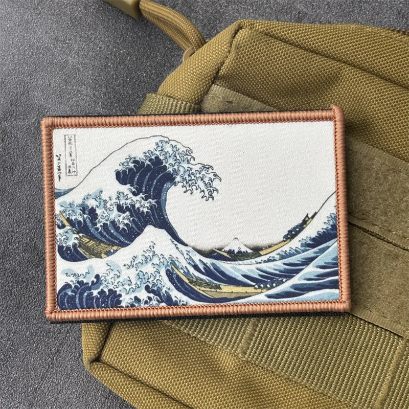 Parche con estampado de olas de mar para ropa, insignia de moral táctica, brazalete, gancho, parches militares, accesorios para mochila, pegatinas