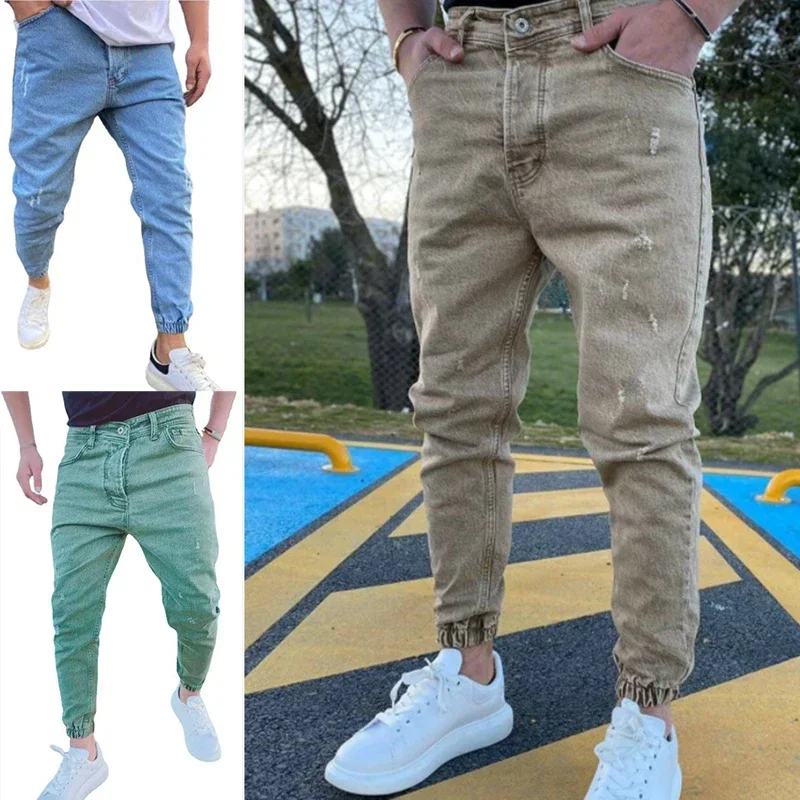 Ropa de calle para hombre, pantalones vaqueros rasgados de color caqui, pantalones vaqueros ajustados de EE. UU., pantalones vaqueros de Hip Hop elásticos, nuevos pantalones vaqueros informales para hombre, pantalones para correr para hombre - imagen 3