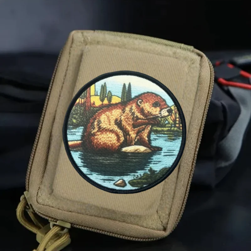 Parche estampado de castor en el estanque, chaleco táctico, insignia de moral con gancho y bucle, pegatinas decorativas para mochila, parches para brazalete para ropa