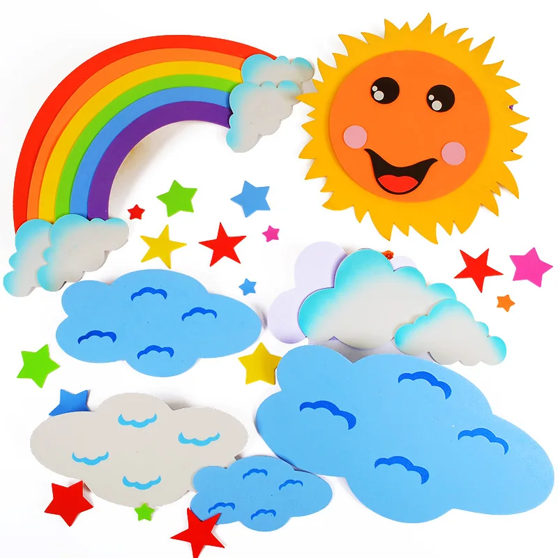 Pegatinas de pared de goma hechas a mano de espuma EVA para niños, juguete educativo de aprendizaje, cielo, Arco Iris, nube, sol, luna, bricolaje - imagen 2