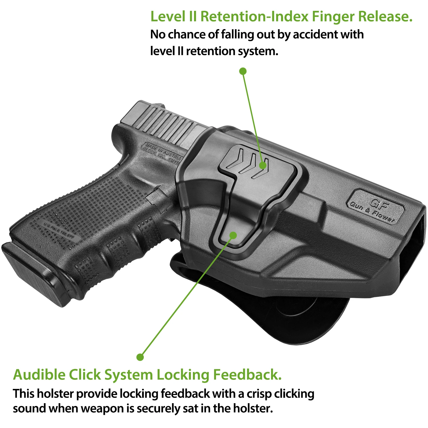 Apto para Glock G19,19X (Gen 3 4 5) Glock 23(Gen 3 4),fundas OWB, retención de nivel II, bolsa de paleta ajustable de 360 grados, derecha/izquierda - imagen 5