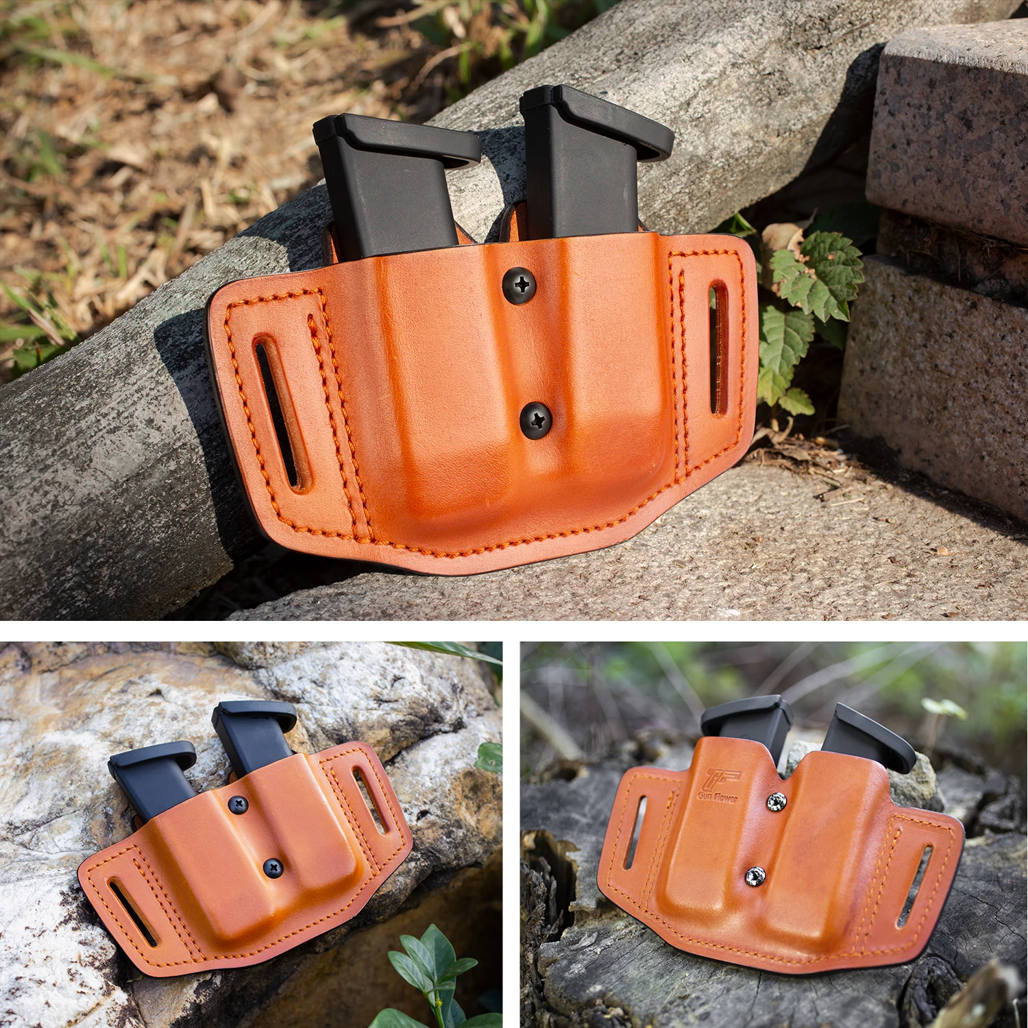 Gun&flower Bolsas dobles para revistas de cuero de plena flor Universal 9/40 Carrier magnético de doble pila - imagen 3