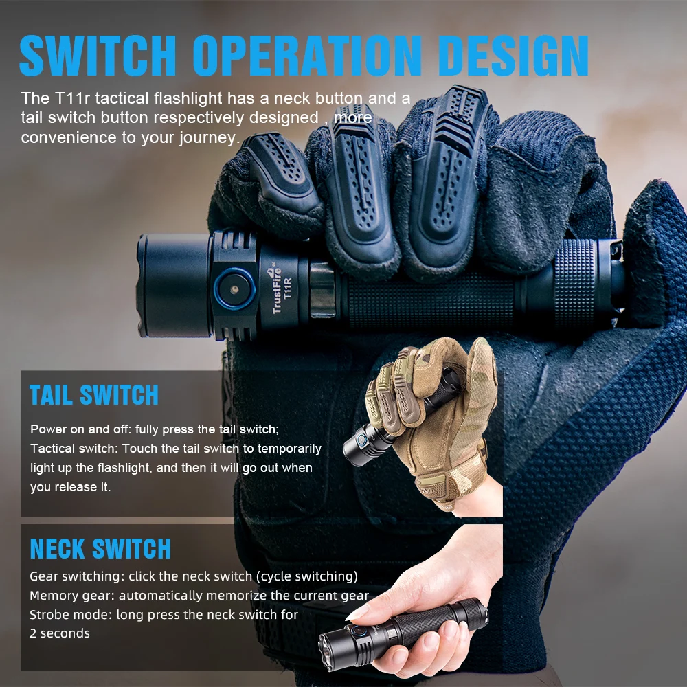 Trustfire-linterna táctica Led T11R, 1800 lúmenes, potente tipo C, recargable por USB, batería 18650, lámpara de alta potencia, interruptor Dual - imagen 5