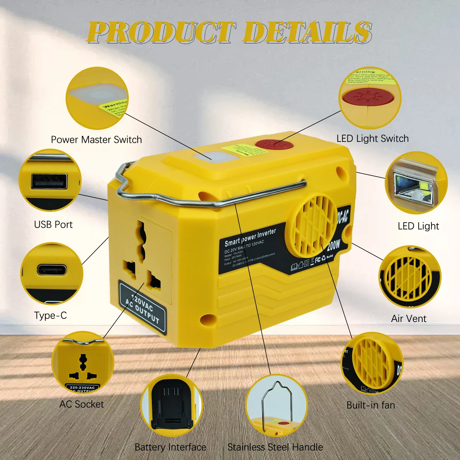 Inversor portátil 120-220V para exteriores Makita/DeWalt 18V/20V - imagen 4