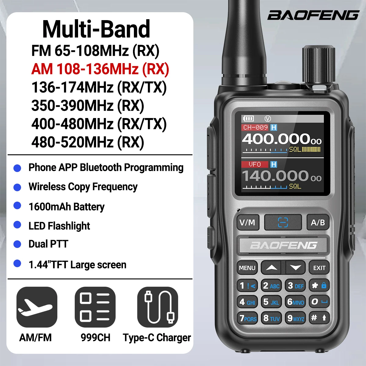 Baofeng UV-5R Mini walkie talkie táctico banda dual Bluetooth
