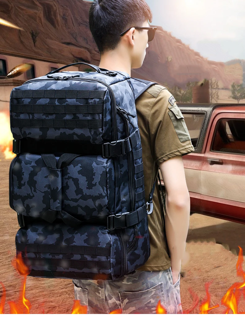 Vista frontal de la mochila táctica scione de 65L