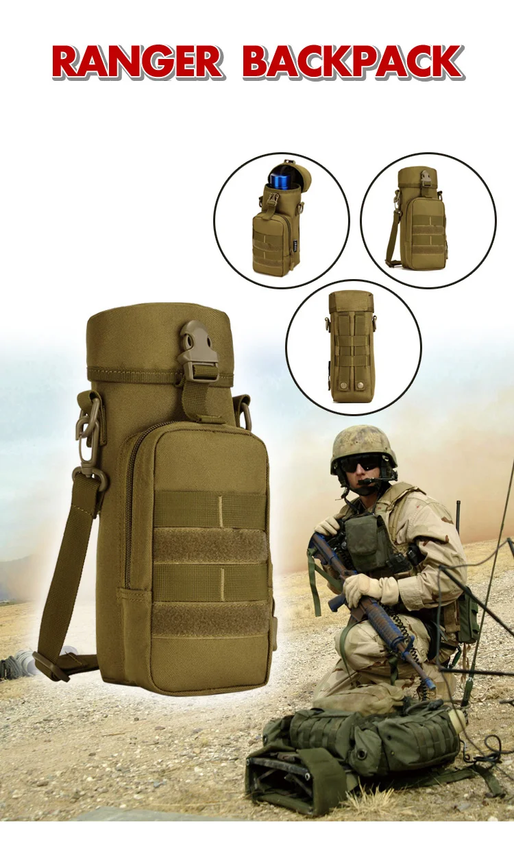 Vista frontal de la bolsa táctica MOLLE con cremallera y presillas