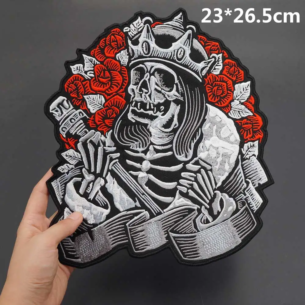 Parche bordado punk de motocicleta para coser – calavera rosa y llama - imagen 2