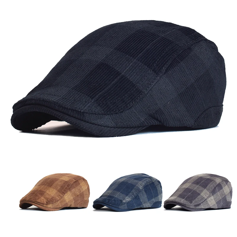 Gorra plana cuadros Gatsby de pana vintage, boina retro invierno - imagen 3