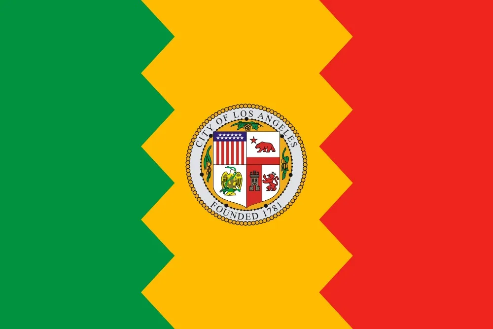 Bandera frente a fondo blanco mostrando los colores y escudo de Los Ángeles