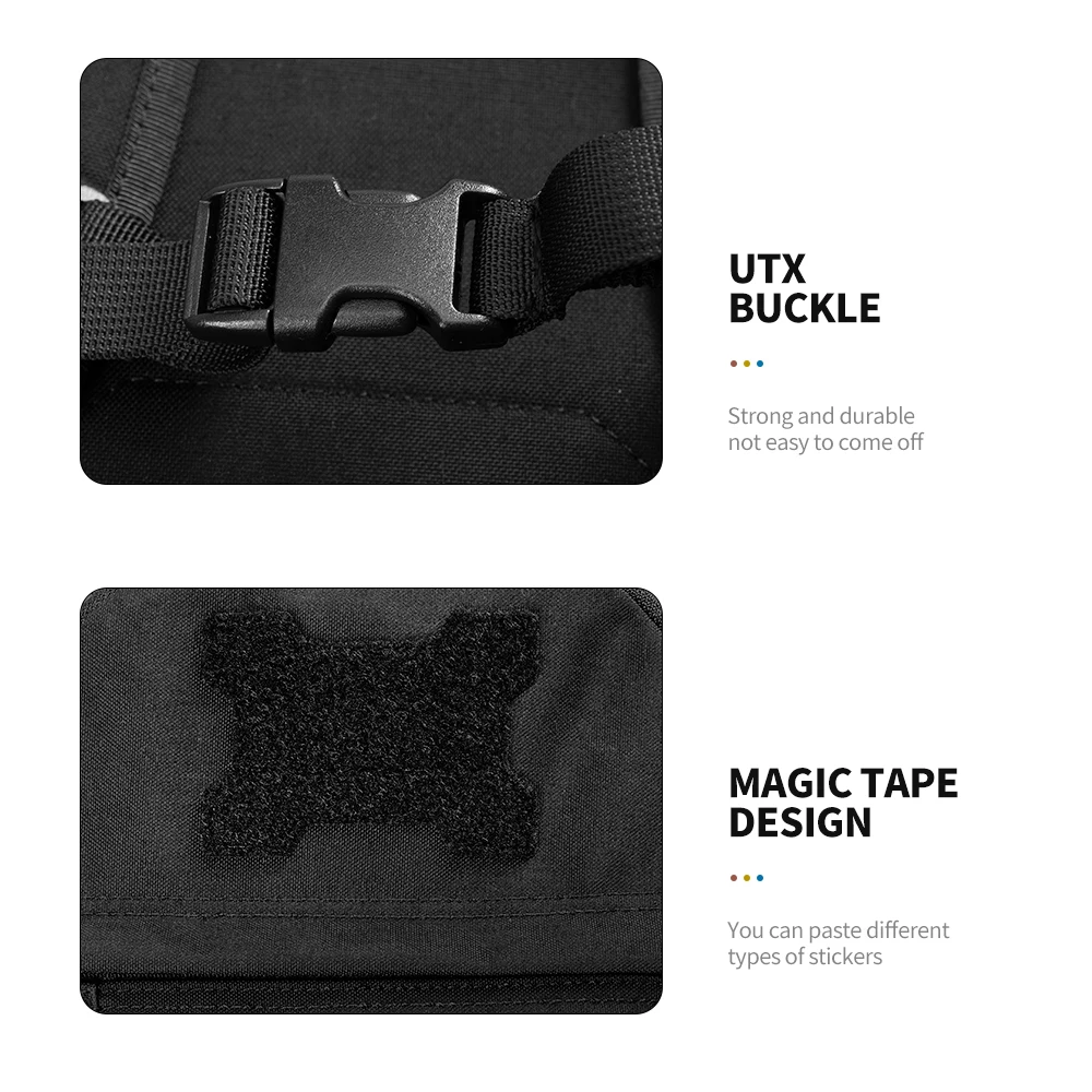 Vista frontal mostrando el sistema Molle y correas ajustables