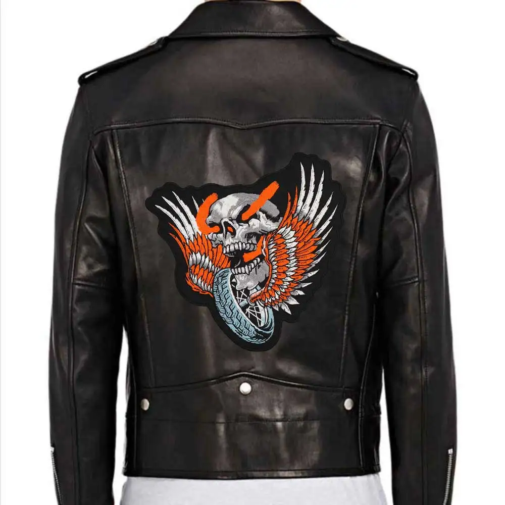 Parche bordado punk de motocicleta para coser – calavera rosa y llama - imagen 5