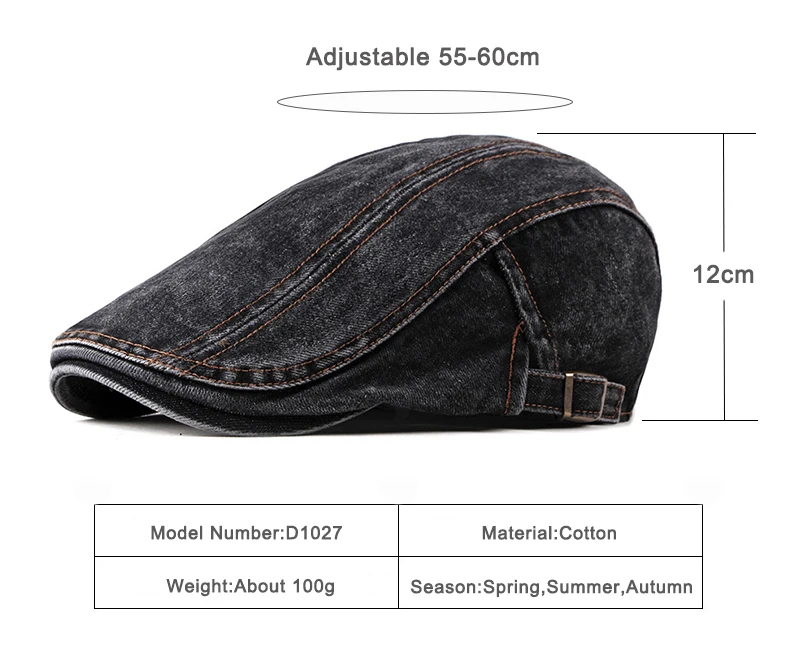 Boinas denim casual con diseño de espiga y viseras de algodón