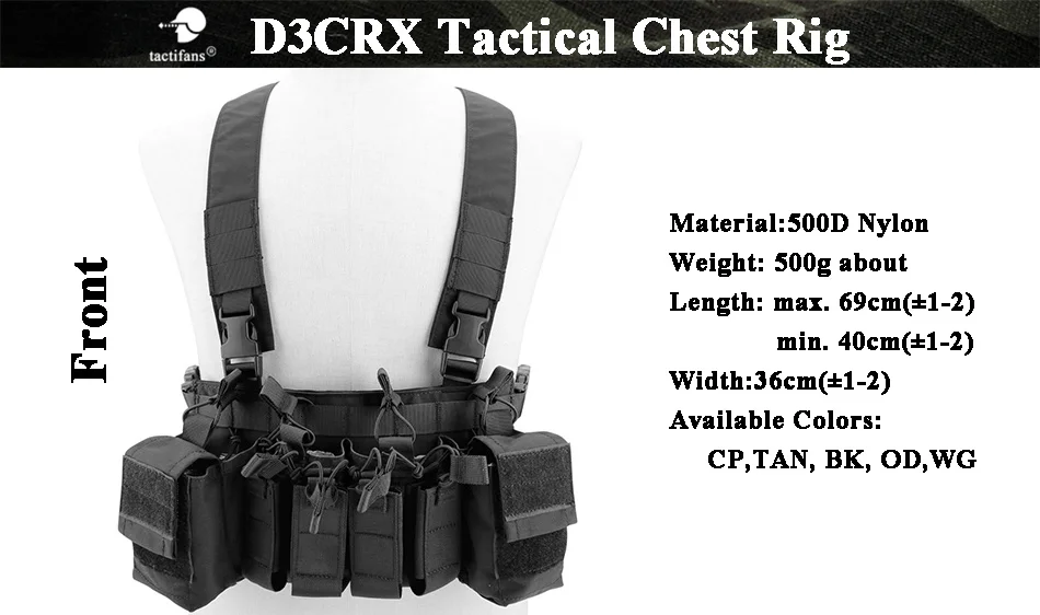 Vista frontal del chest rig D3 con bolsas cargadas