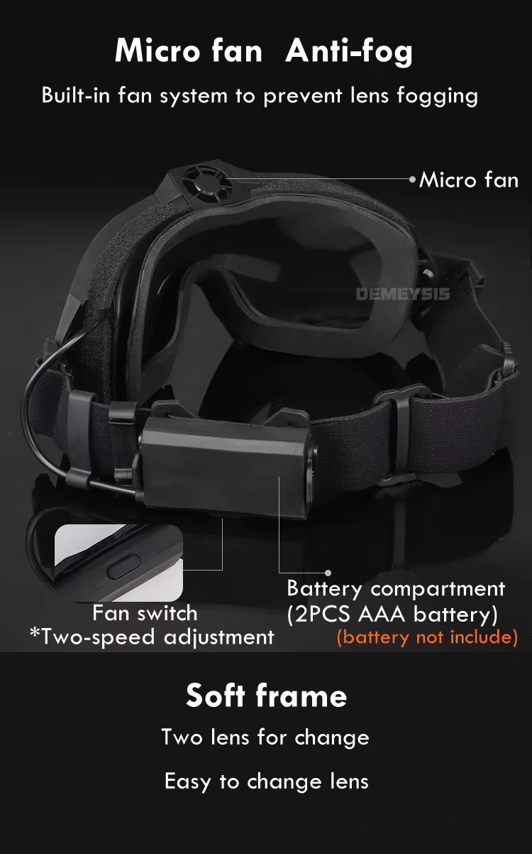 Vista frontal de las gafas tácticas con ventilador