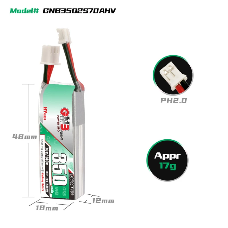 Gaoneng GNB 2S LiPo bateria 350mAh 70C HV PH2.0 para Tinyhawk S - imagen 4