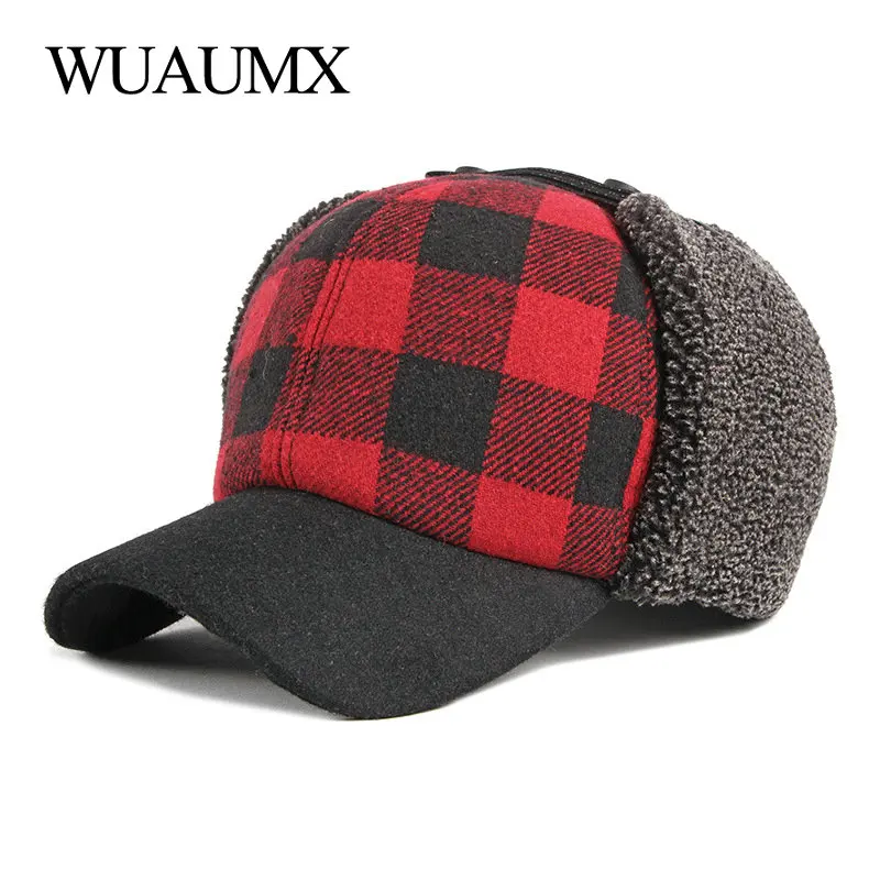 Gorro bombardero con orejeras invierno a cuadros rojo y negro - imagen 5
