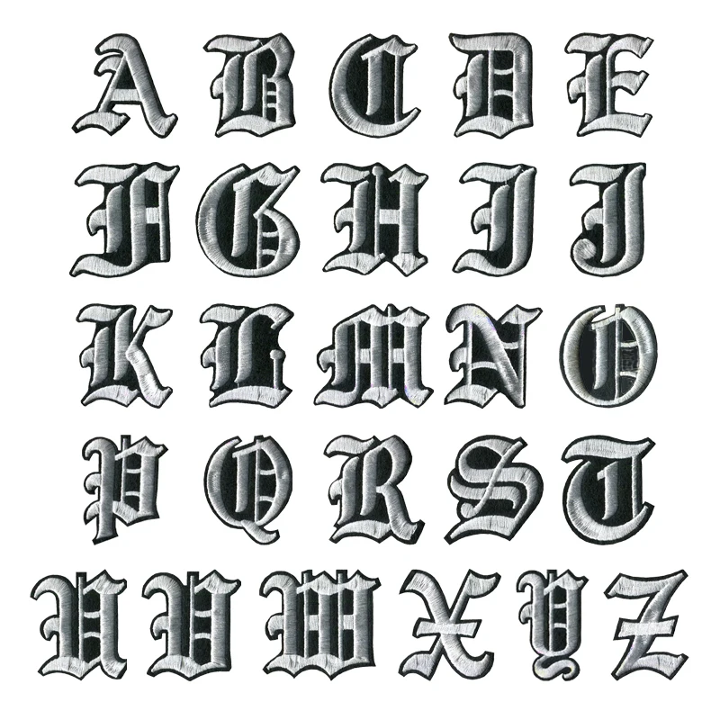 Parche bordado alfabeto inglés antiguo blanco y negro A-Z planchar