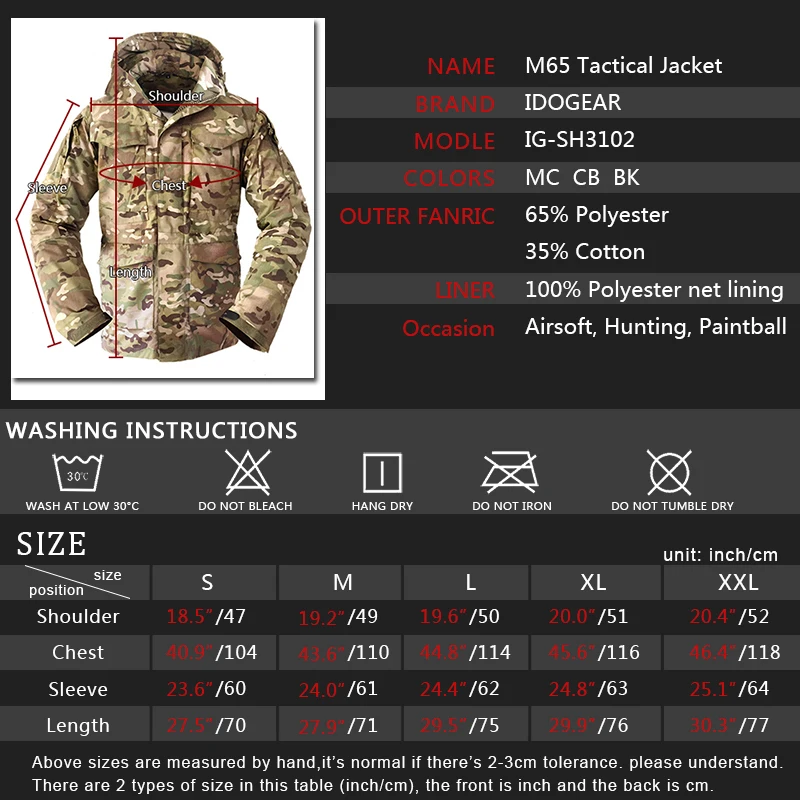 Chaqueta táctica M65 con capucha y diseño exterior