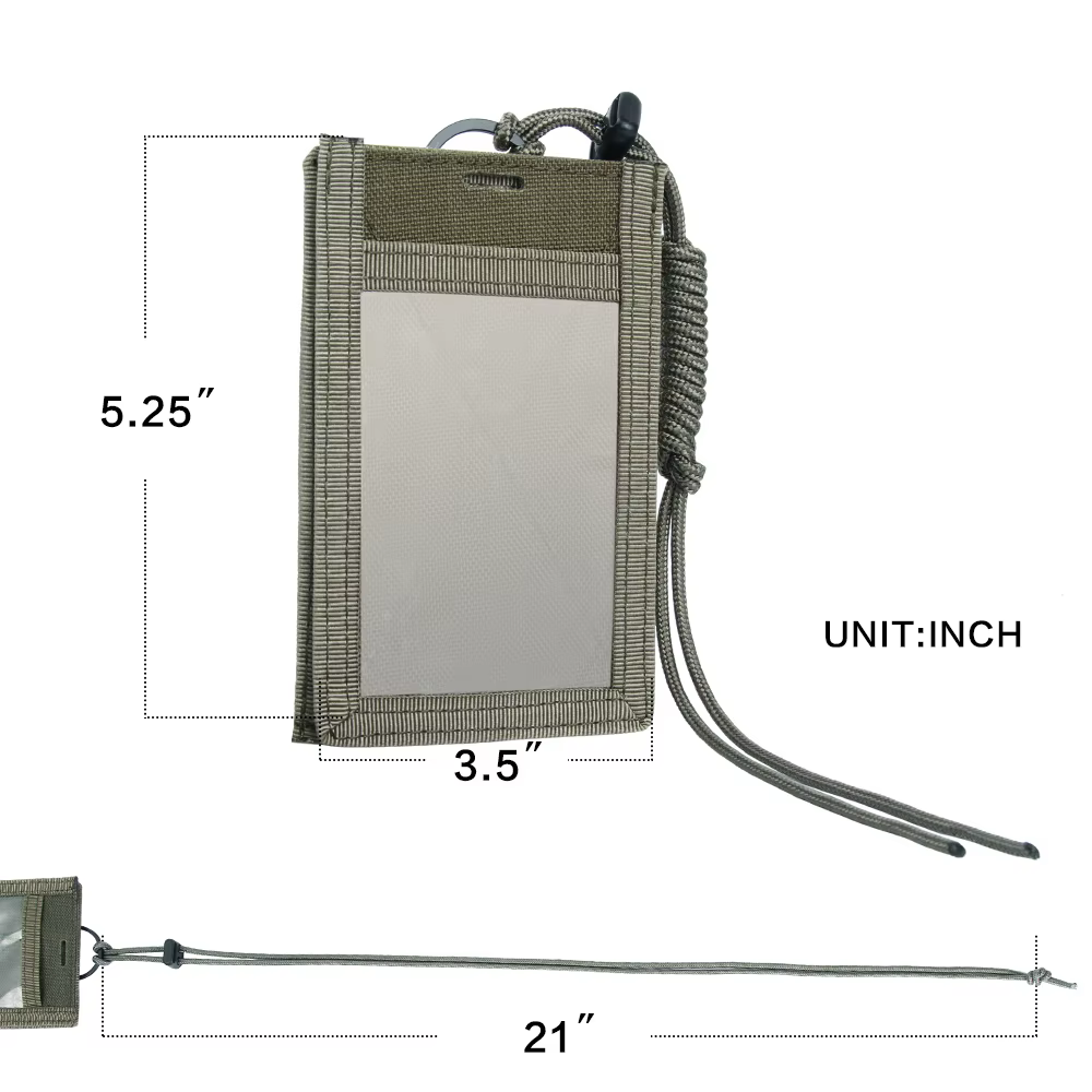 Vista frontal del porta tarjetas táctico con cordón para el cuello