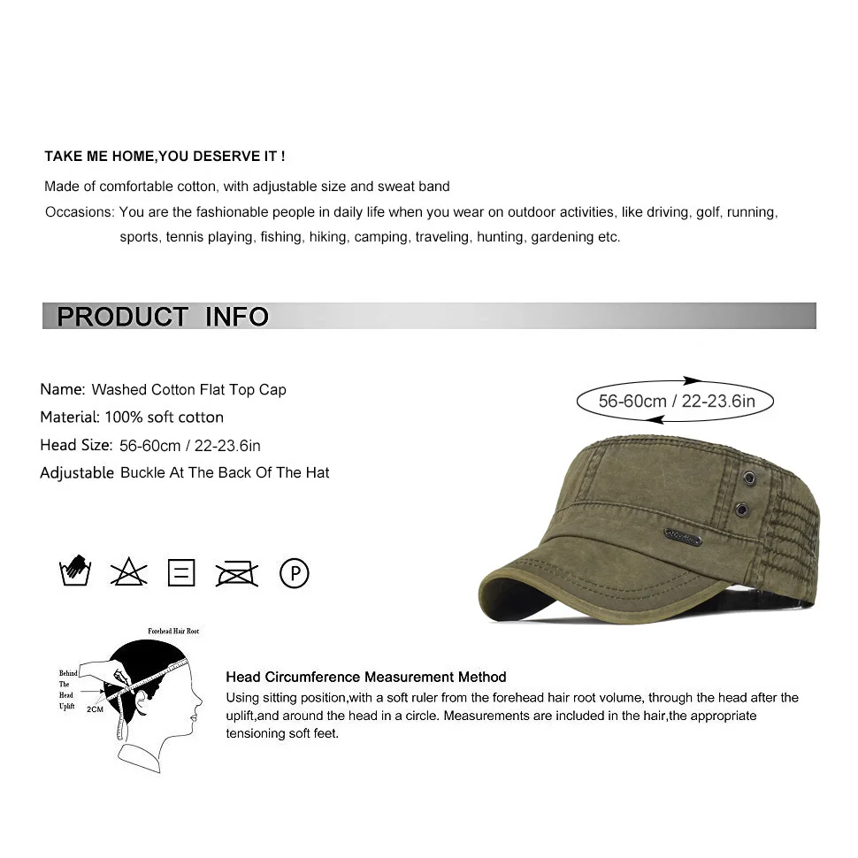 Gorra militar plana de algodón lavada estilo vintage
