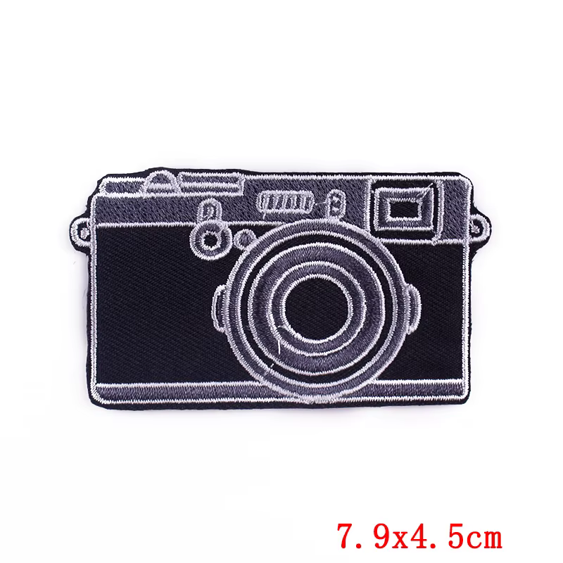 Parches bordados con diseño de cámara fotográfica