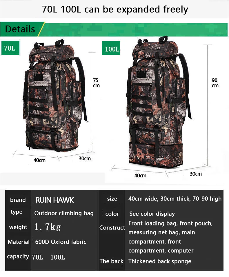 Vista frontal de la mochila de montañismo RUIN HAWK de gran capacidad