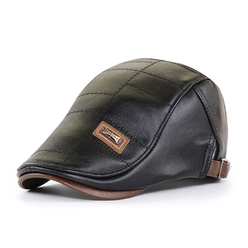 Boina de cuero sintético retro con visera ajustable otoño-invierno