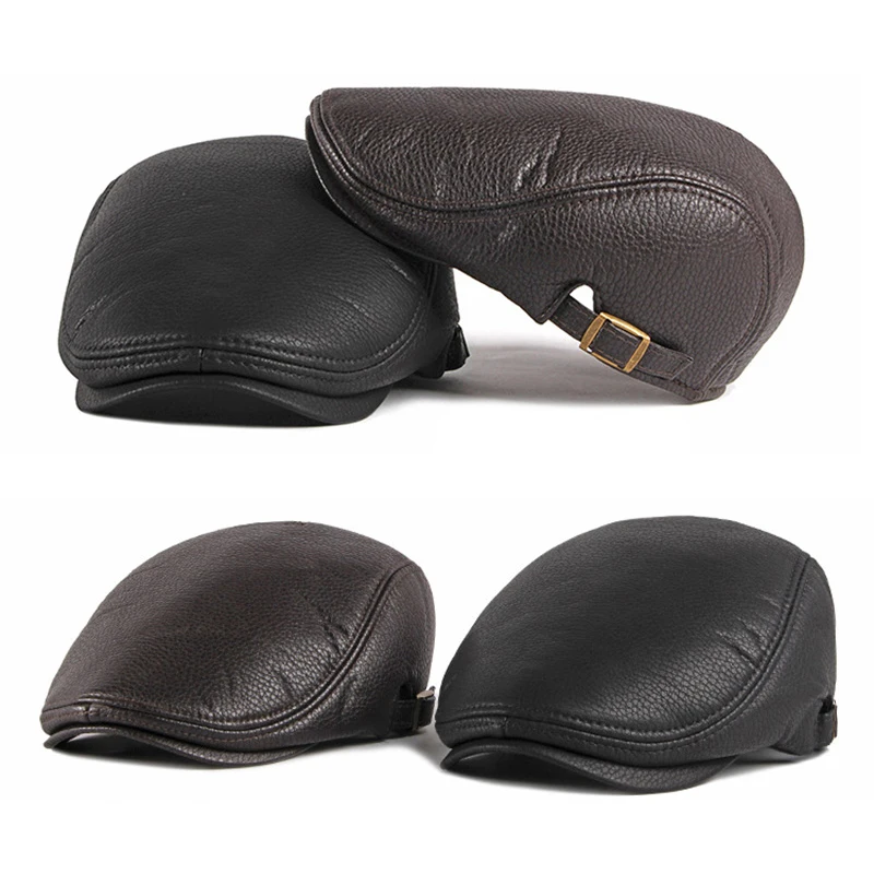 Gorra boina hombre cuero PU espiga ajustable otoño invierno - imagen 3