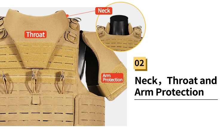 Vista lateral mostrando paneles de protección y sistema MOLLE