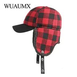 Gorro bombardero con orejeras invierno a cuadros rojo y negro