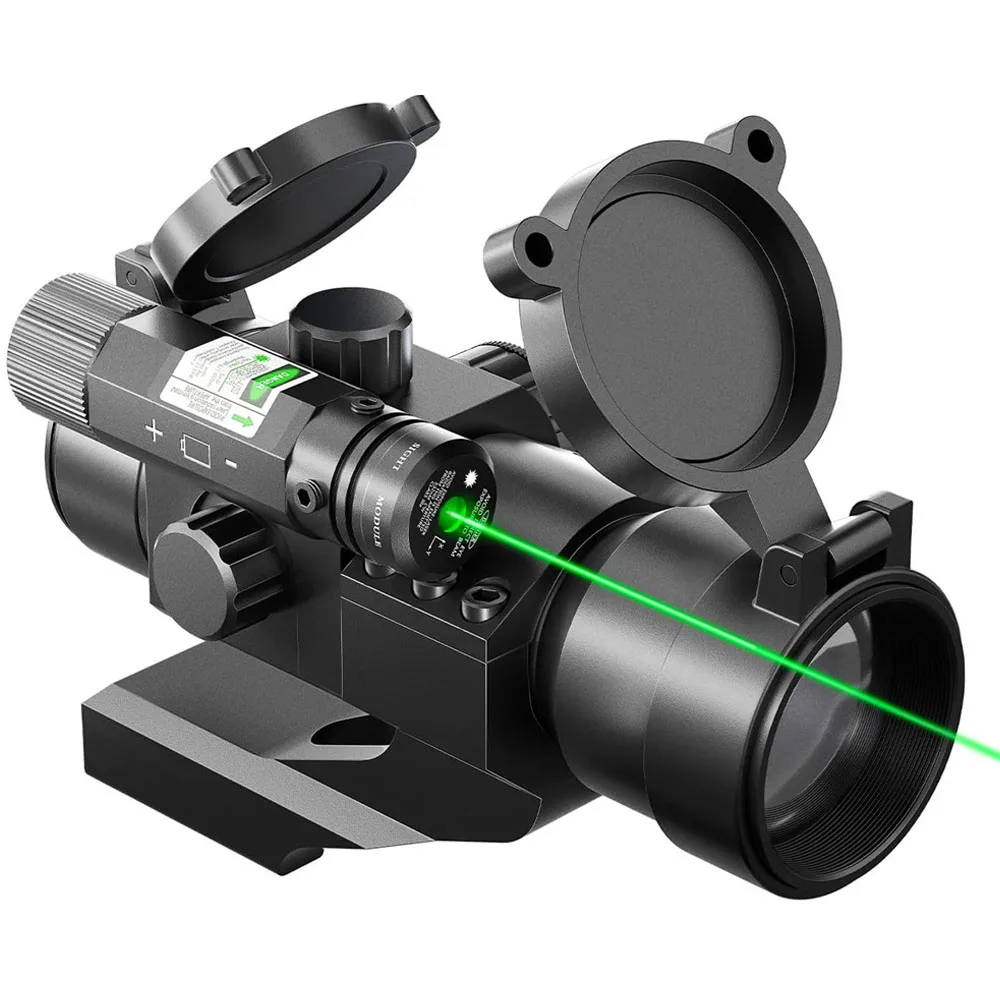 Mira táctica de punto rojo y verde montada en un rifle