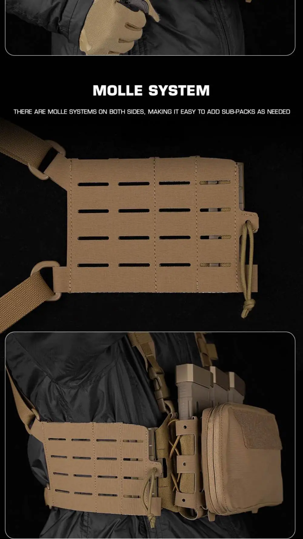 Vista frontal del sistema montado con accesorios MOLLE