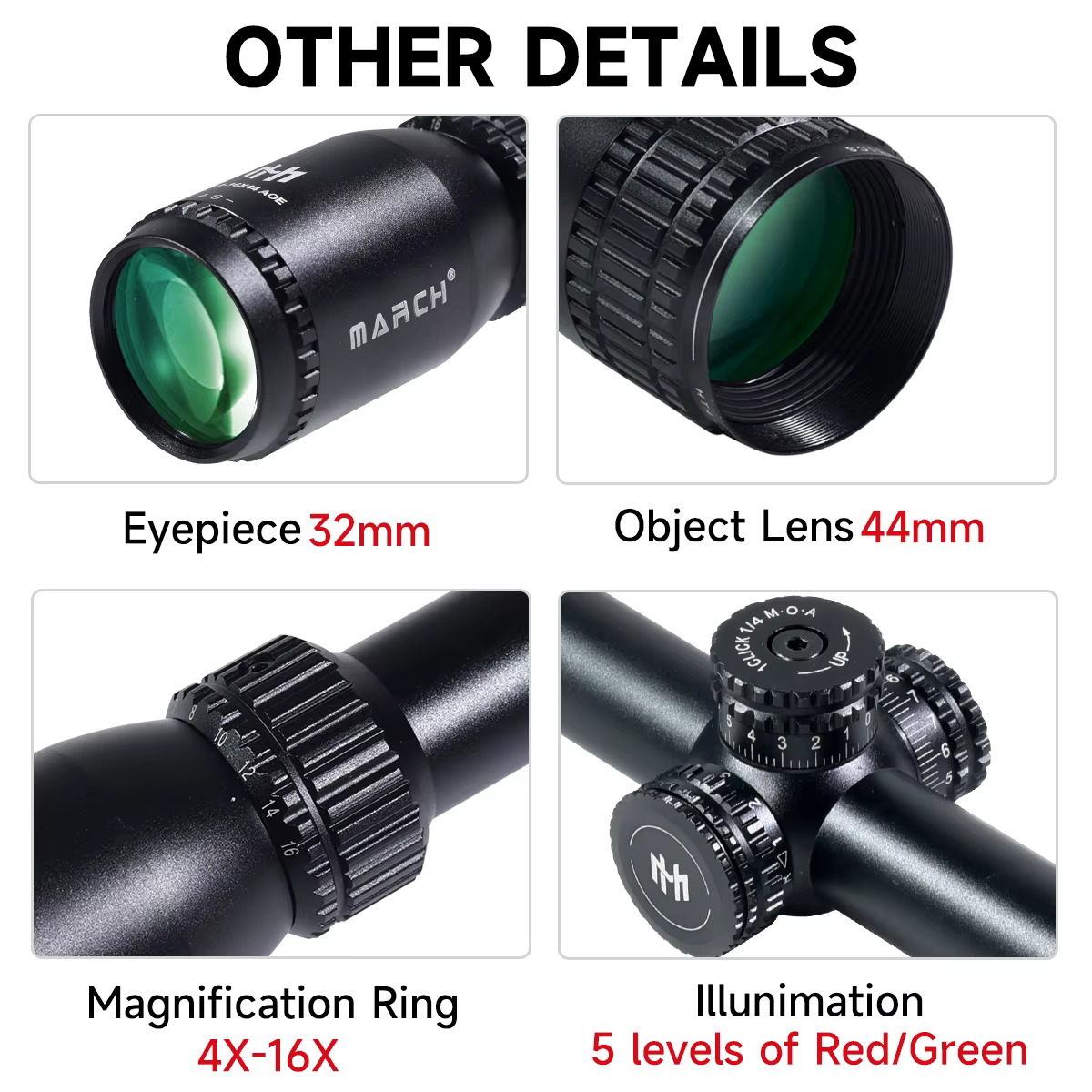 MARCH HT 4-16X44AOE mira táctica RGB con retícula iluminada airsoft - imagen 3